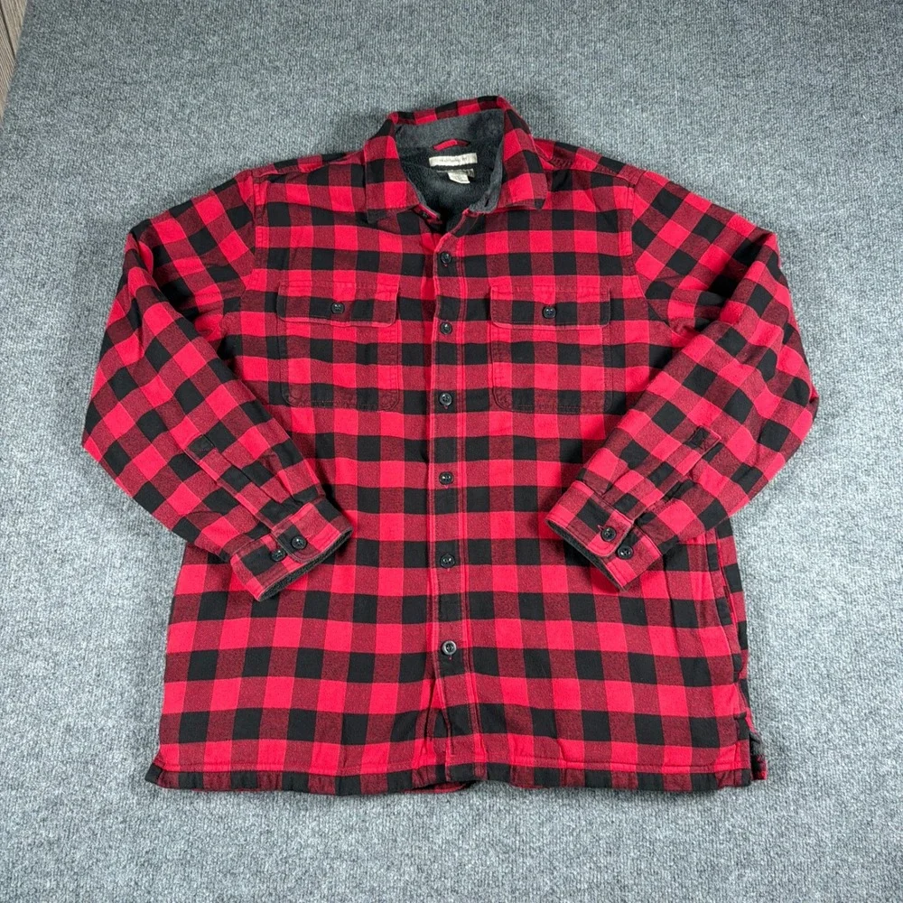 L.L. Bean Fleece Lined Flannel Shirt Jacket Mens Large Traditional Fit Red Black